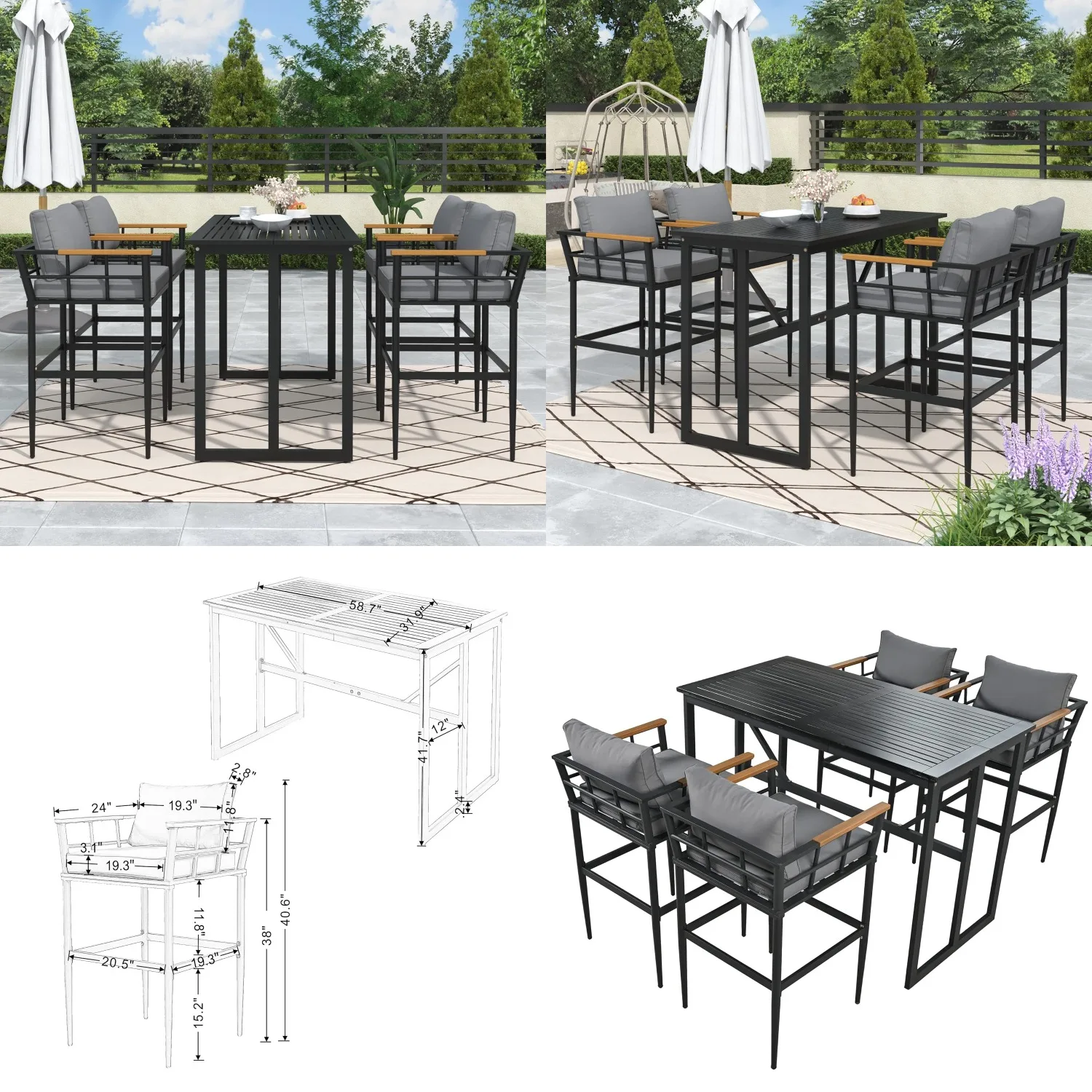

5-Piece Steel Outdoor Dining Table Set with Acacia Wood Armrest for Patio Garden Lawn Poolside, Customized