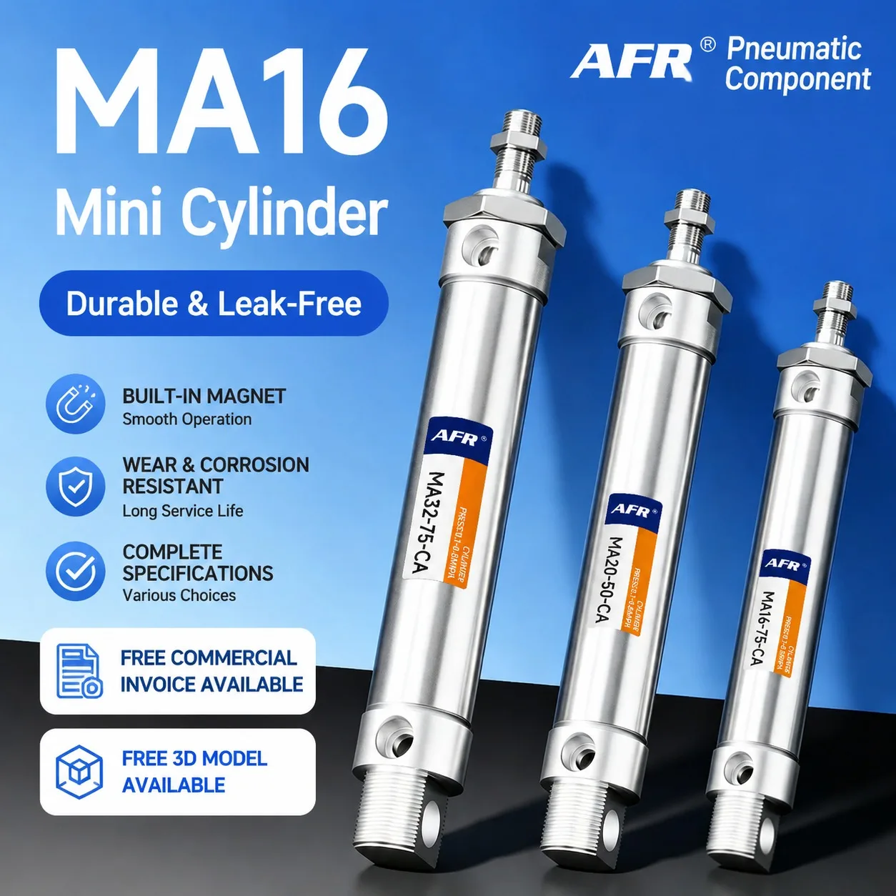 MA16x25 Mini Pneumatic Cylinder Double Acting Stainless Steel Compact Air Cylinder for Automation Equipment MA16X50SCA 75SCA 150