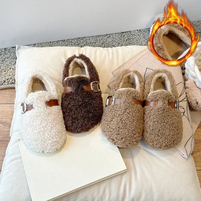 

Новая модная детская хлопковая обувь, детские повседневные тапочки, домашняя плюшевая обувь принцессы для мальчиков и девочек, нескользящие детские мокасины на флисовой подкладке