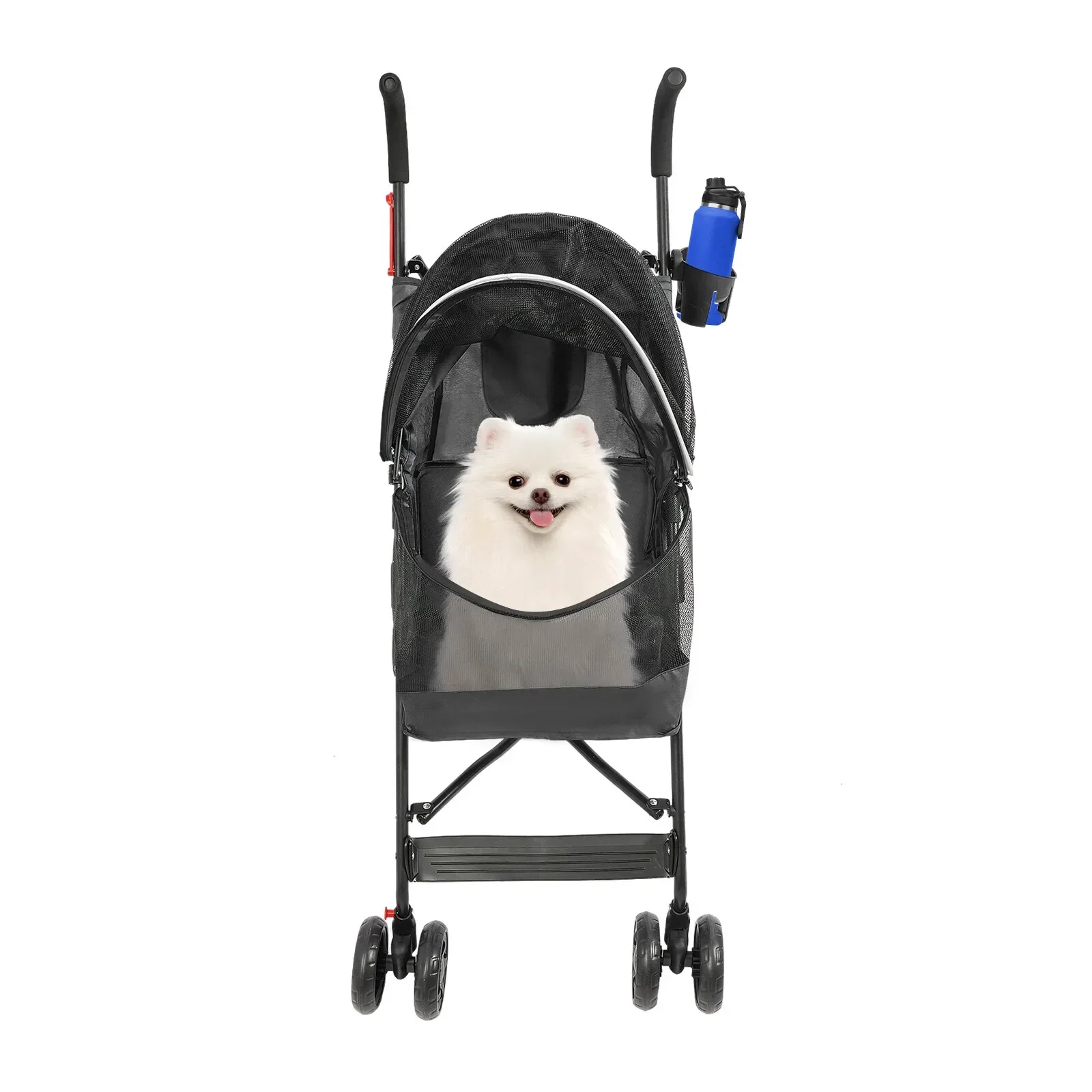 Foldable All-Weather Pet Dog Stroller with Rain Canopy & Cup Holder, 4-Wheel Compact Design with Rear Pocket, Gray