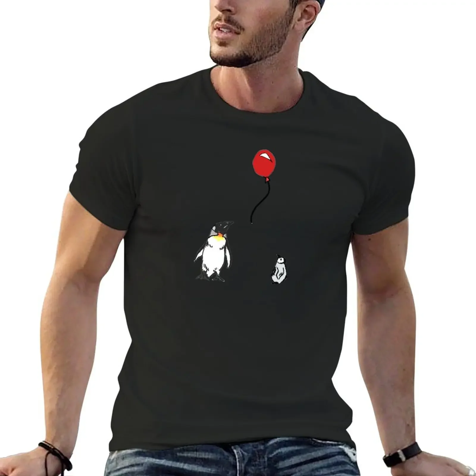 

Penguins with Red Balloon T-Shirt tees quick-drying boys whites T-shirts for men cotton