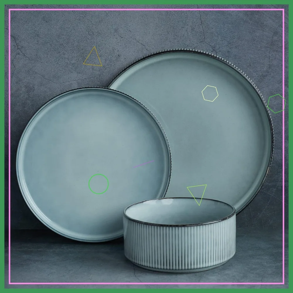 

Набор посуды из 12 предметов для 4 персон, ребристые тарелки и миски цвета дымчато-синий, устойчивые к сколам, подходят для микроволновой печи и посудомоечной машины