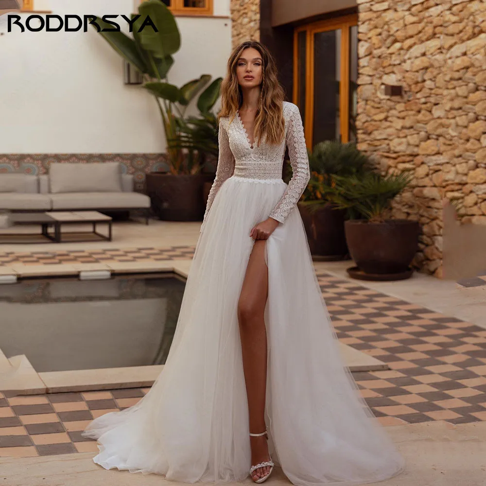 RODRSYA Boho Side Split Vestidos de Noiva Para Mulher Manga Longa V-neck Lace ApplRODDRSYA Boho Side Split Vestidos De Casamento Para A Mulher Manga Longa V-neck Lace Applique A Linha Praia Noiva Vestido Robe De Mariée