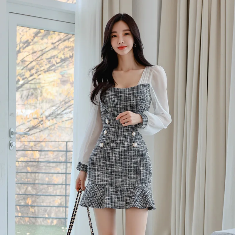 #889620BH538 # Fashion New Product Korean Style Square Neck Chiffon Spliced Lantern Sleeves Ruffle Edge Fishtail Dress for Women