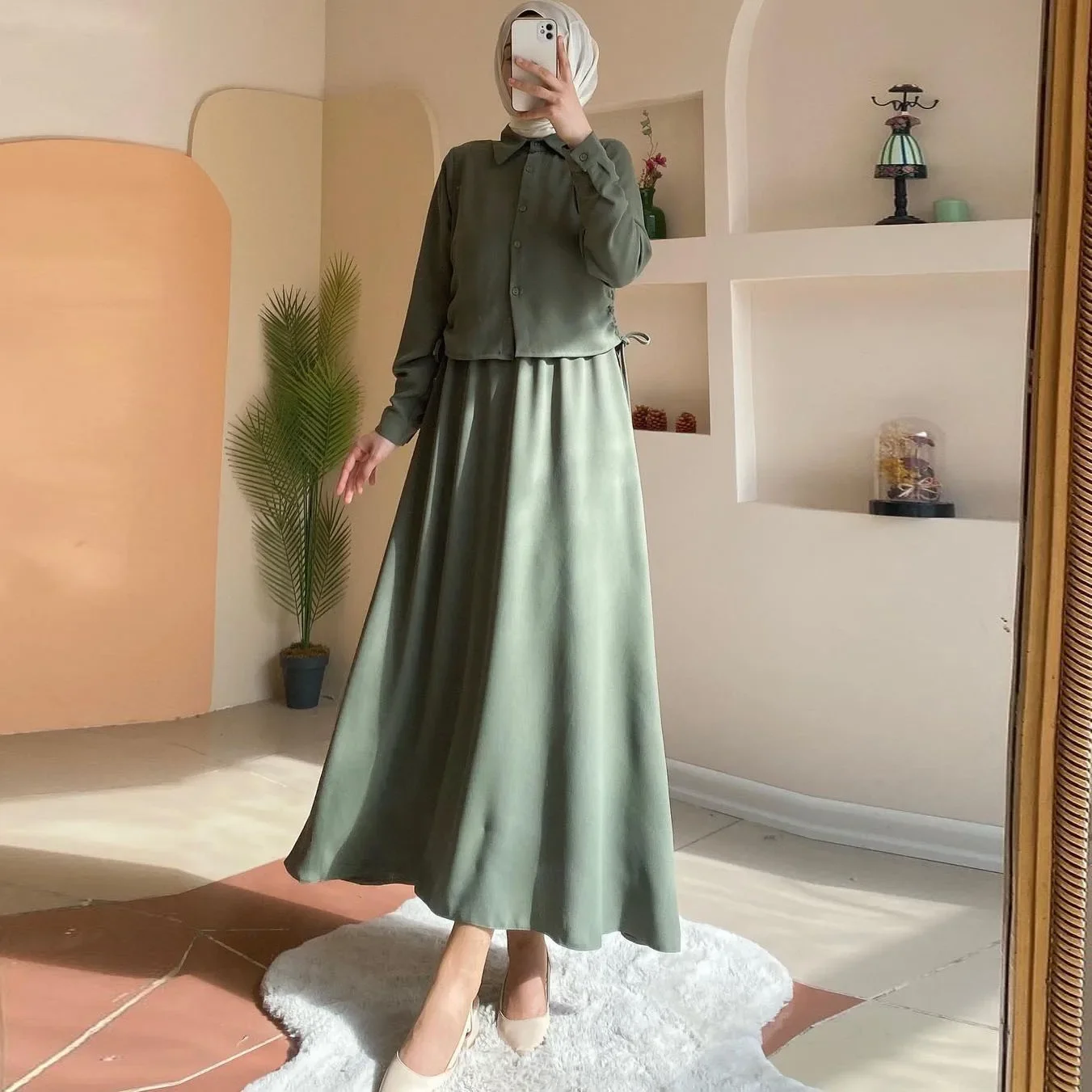 Muslim Women Suit Set Long Sleeve Shirt with Long Skirt Two Piece Matching Sets Turkey Abaya Dubai Dress Elegant Islamic Outfit