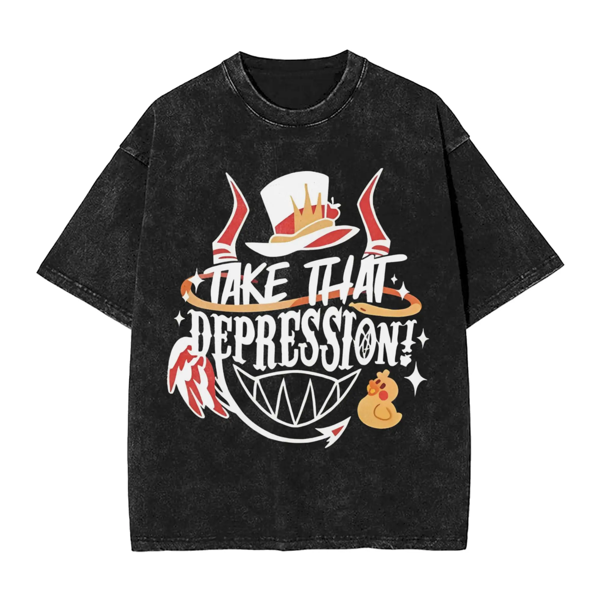 Take That Depression Alastor Anime T Shirt Washed Short Sleeve T-Shirts Hazbined Hotels for Men Women Tops Streetwear Tee Shirt
