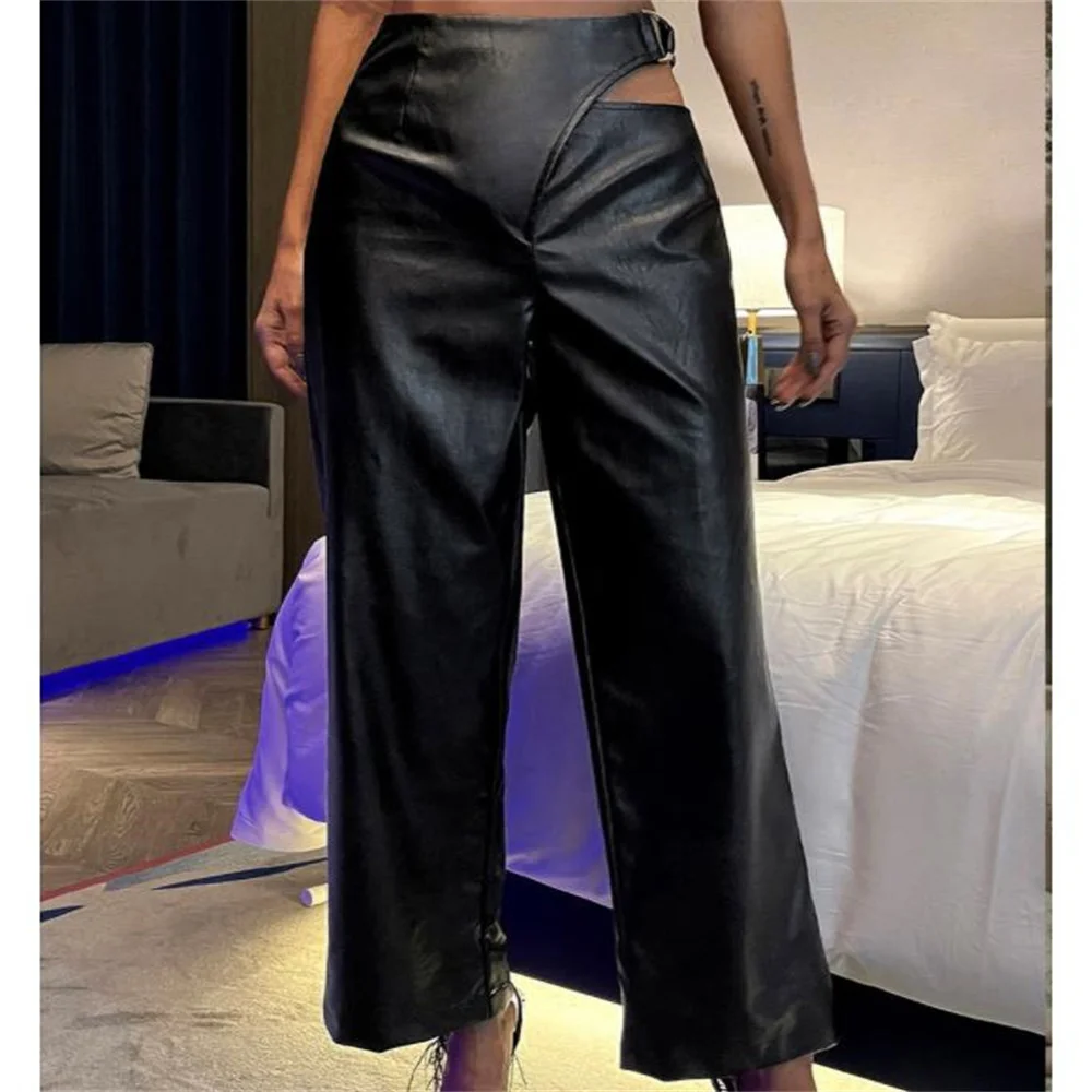 

women pu leather trousers casual wide leg trousers spring and autumn belt pants