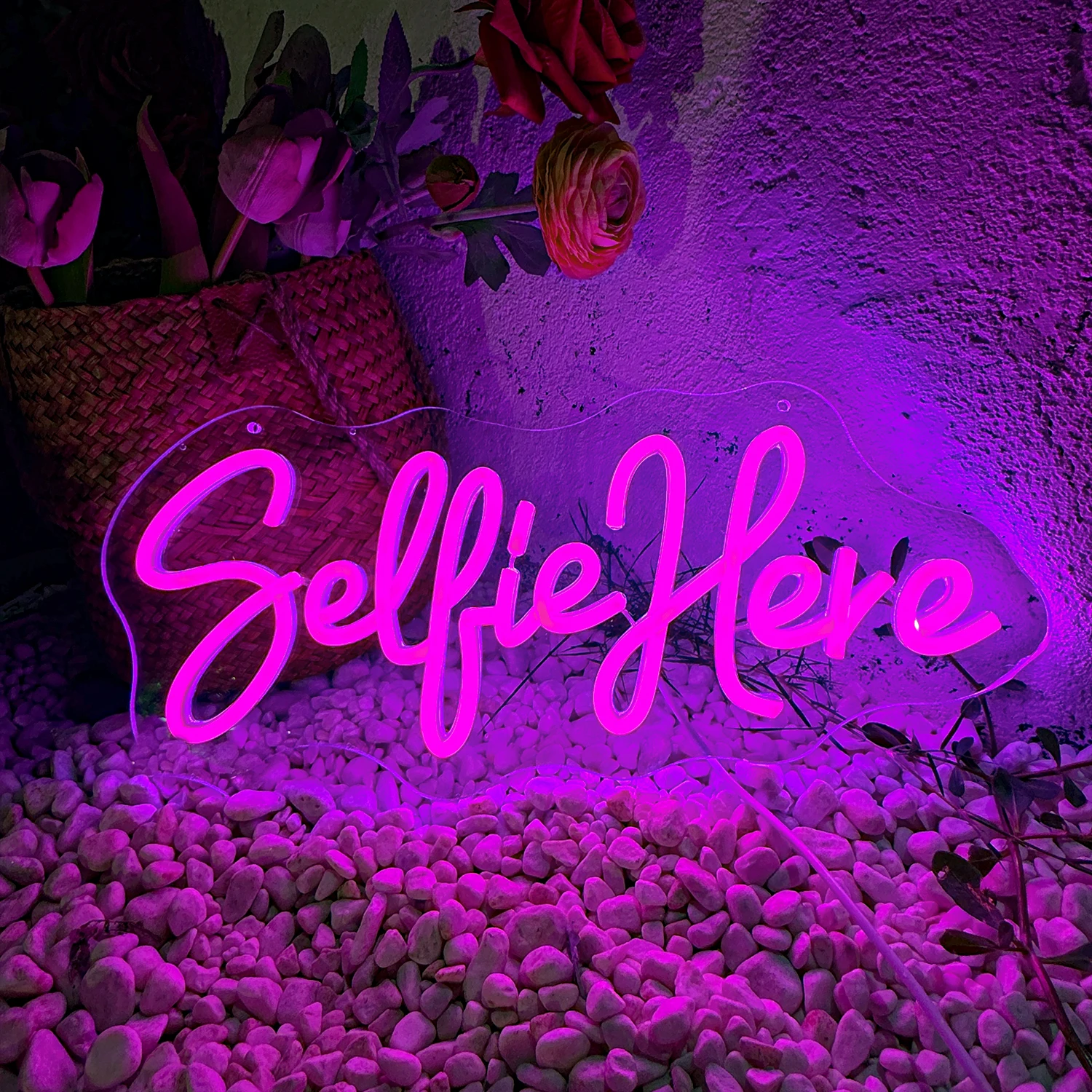 Selfie Here letrero de neón para estudio, diseño de fiesta, luz LED, estética, dormitorio, hogar, sala de juegos, arte, personalidad, rosa, decoración de pared, lámpara de regalo