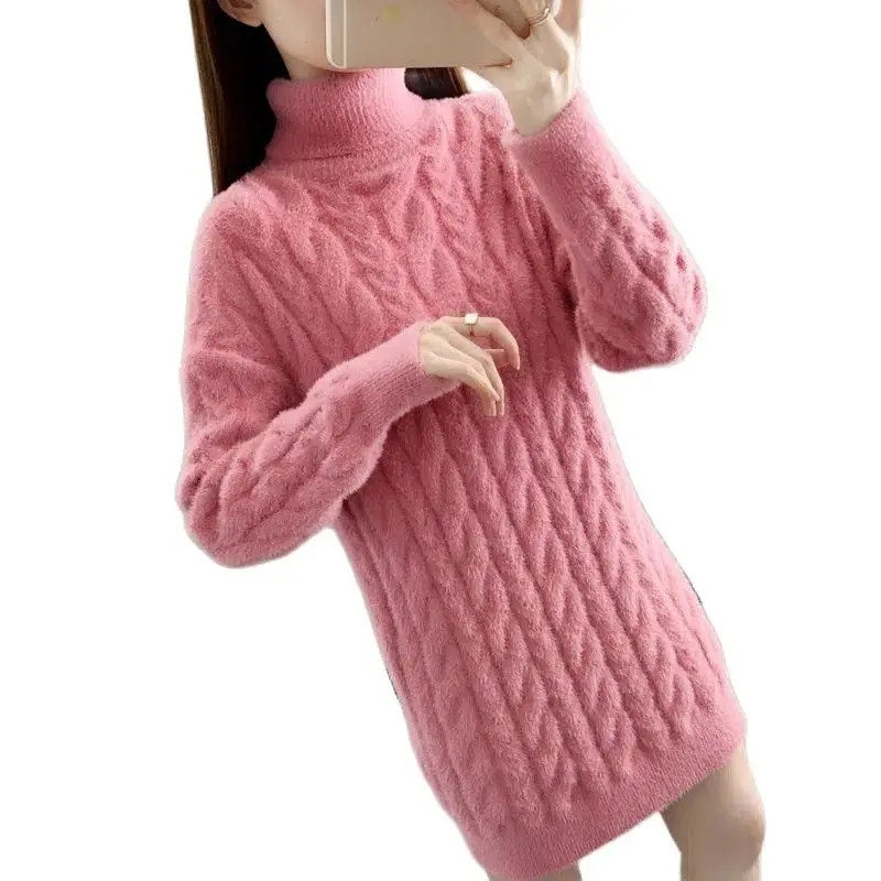 

Autumn Winter New Imitation Mink Fleece Female Sweater Dress Long High Collar Inside Loose Add Thick Women's Clothing Sweater