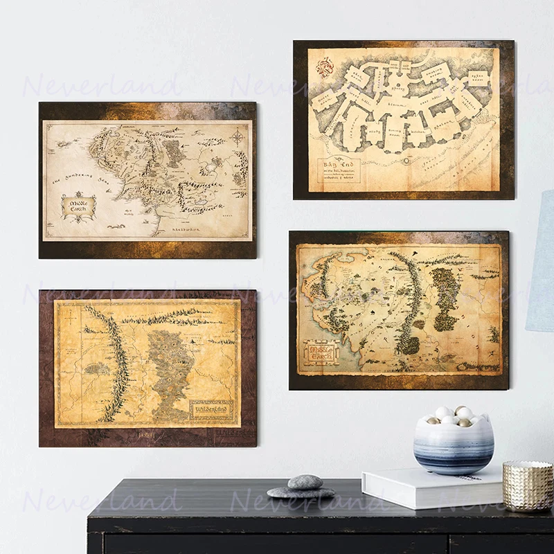 Classic Vintage Middle-Earth Map Movie Posters Oil Canvas Painting and Prints Wall Art Picture for Living Room Wall Home Decor