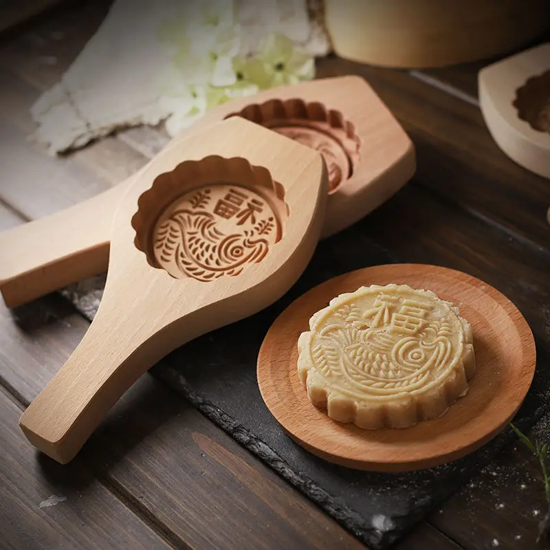 Chinese Cookie Moon Cake Mold Wooden Biscuit Model Baking Wood Bakeware Home Kitchen Dining Bar Pastry Tools DIY Flower Mooncake