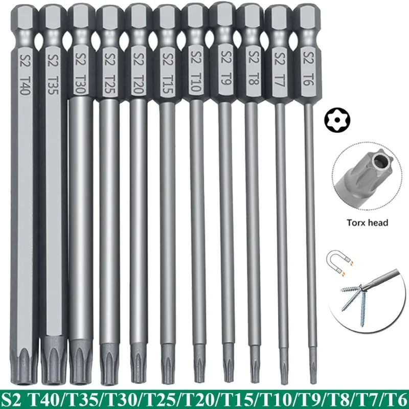 11PC Torx Security Bit Set S2 Steel Professional Magnetic High Precision Screwdriver Bits for Home & Electronics Repair 50-100mm