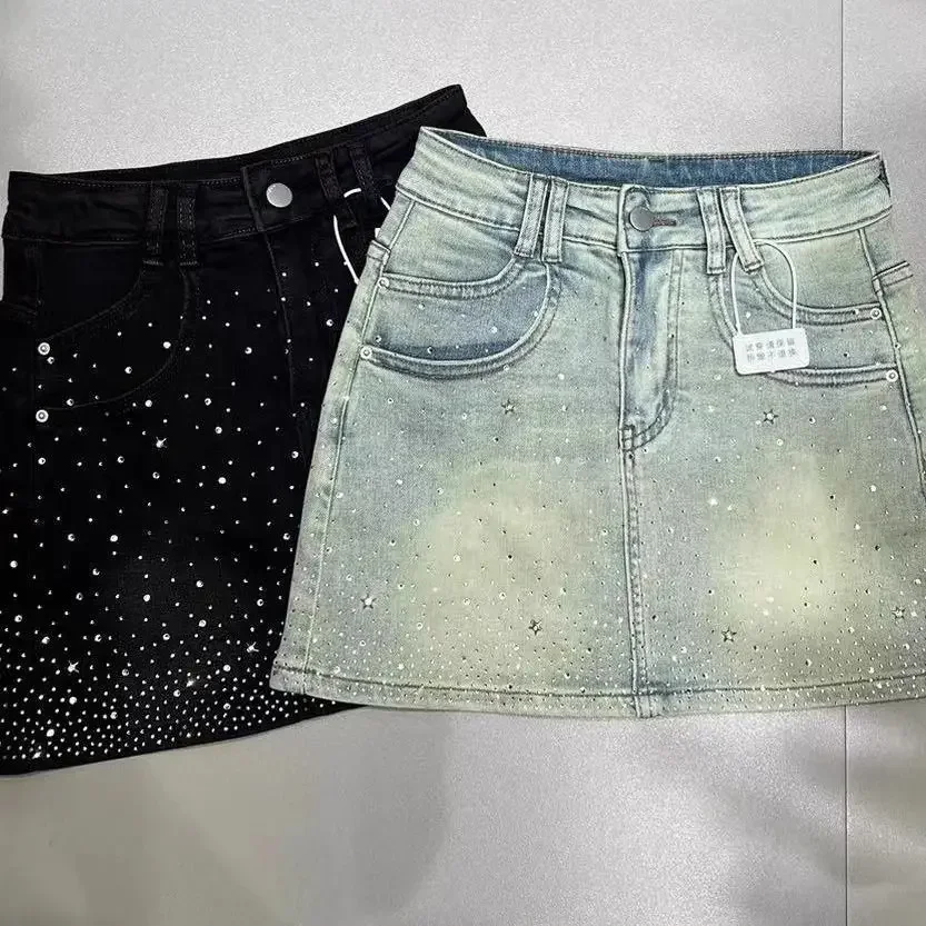 Starry Rhinestone Denim Skirt – Women’s Retro A-Line Mini Skirt 3
