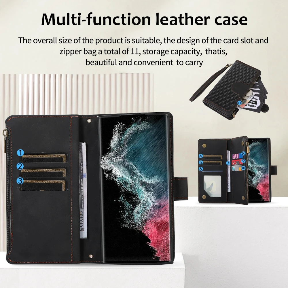 

PU Leather Phone Case for Samsung Galaxy S25 Ultra Edge S24 Plus S23 Fe S22 S21 S20 Note20 Lanyard Zipper Card Slot Wallet Cover