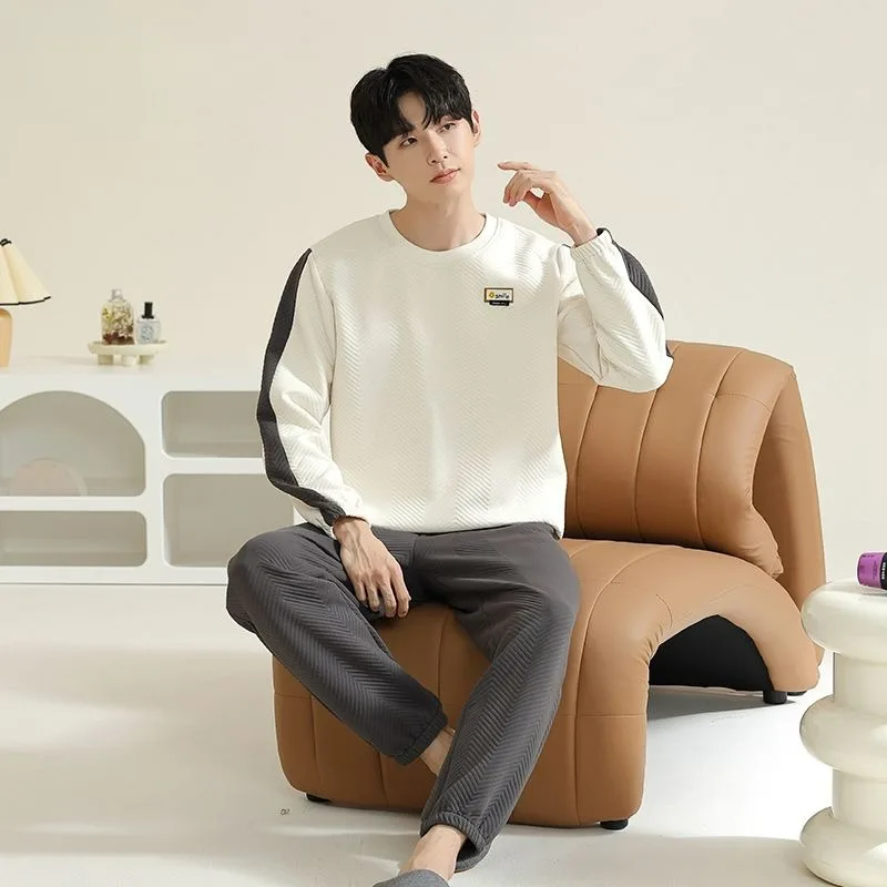 Air Cotton Sandwich Pajamas Autumn Winter Men Round Neck Long-Sleeved Trousers Homewear Suit Casual Large Size Sleepwear Set