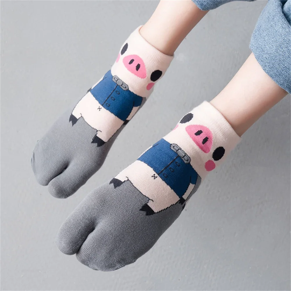 Cartoon Pig Pattern Two-Toe Short Ankle Socks for Girls, Breathable Cozy Cotton, Cute Piggy Chaussette, Dropship, New, Summer