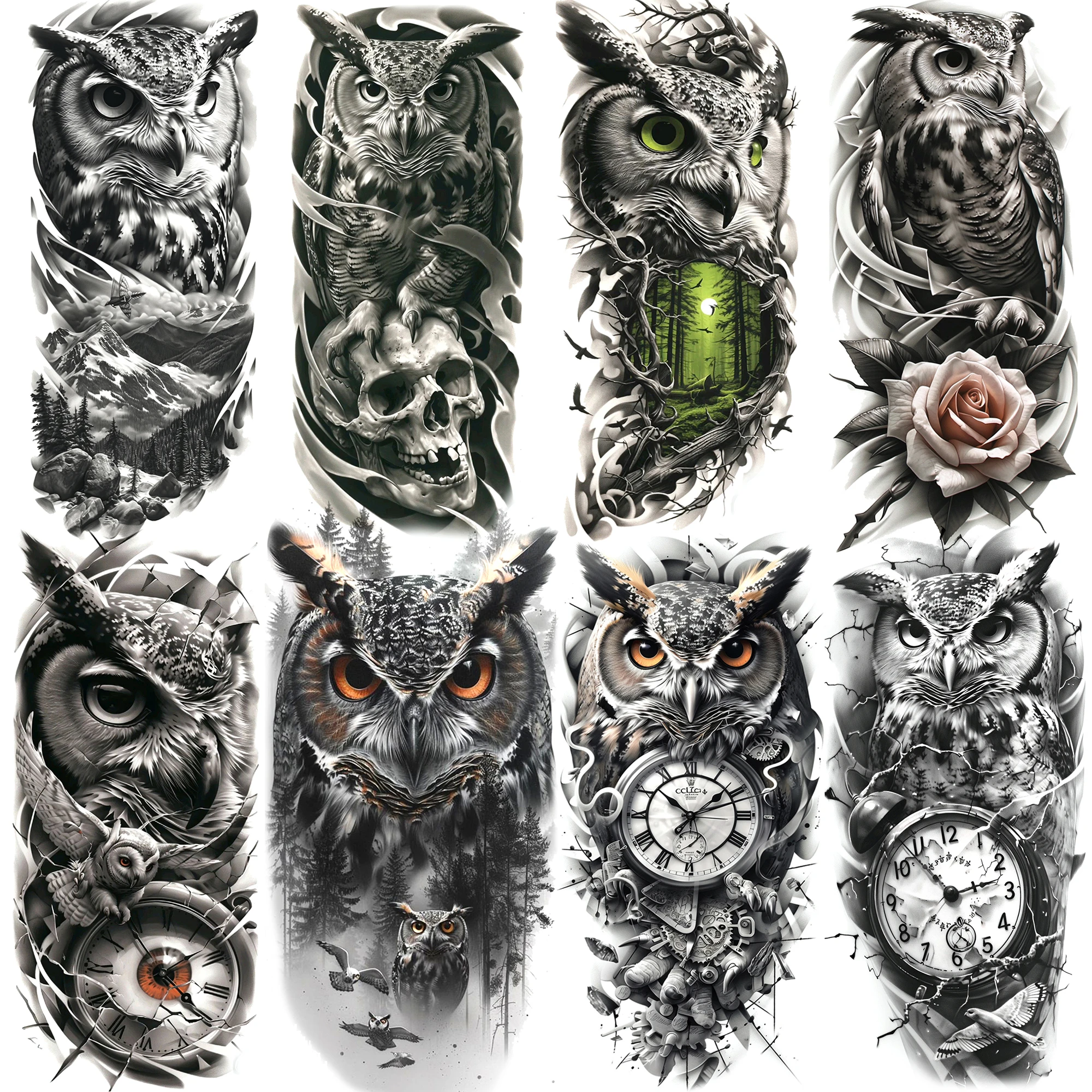 

1 Sheet Waterproof Owl With Compass Temporary Tattoos For Men Women Realistic 3D Fake Tattoos Long Lasting Arm Leg Tatoo Sticker