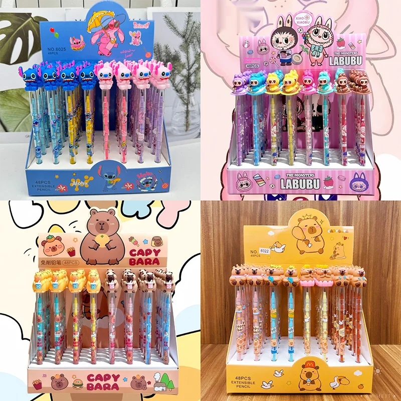 

Labubu Pencil 48PCS Stitch Pencil Free Cutting Cute Cartoon Capibala Writing Tools Students Learn Kawaii Stationery Gifts