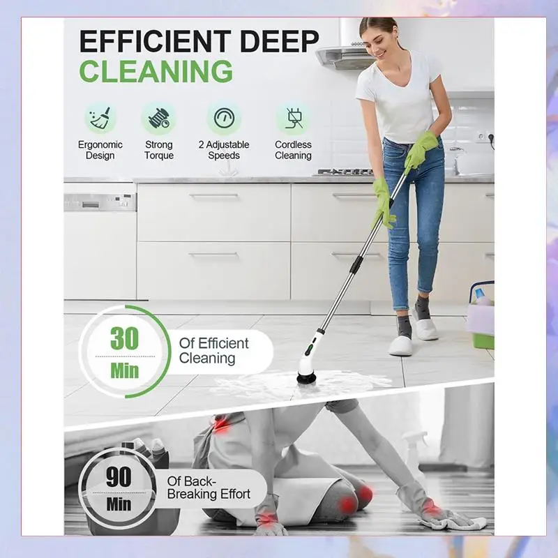 

Electric Rotate Scrubber Shower Scrubber With 9 Brush Heads Adjustable Extension Handle-[A04I]