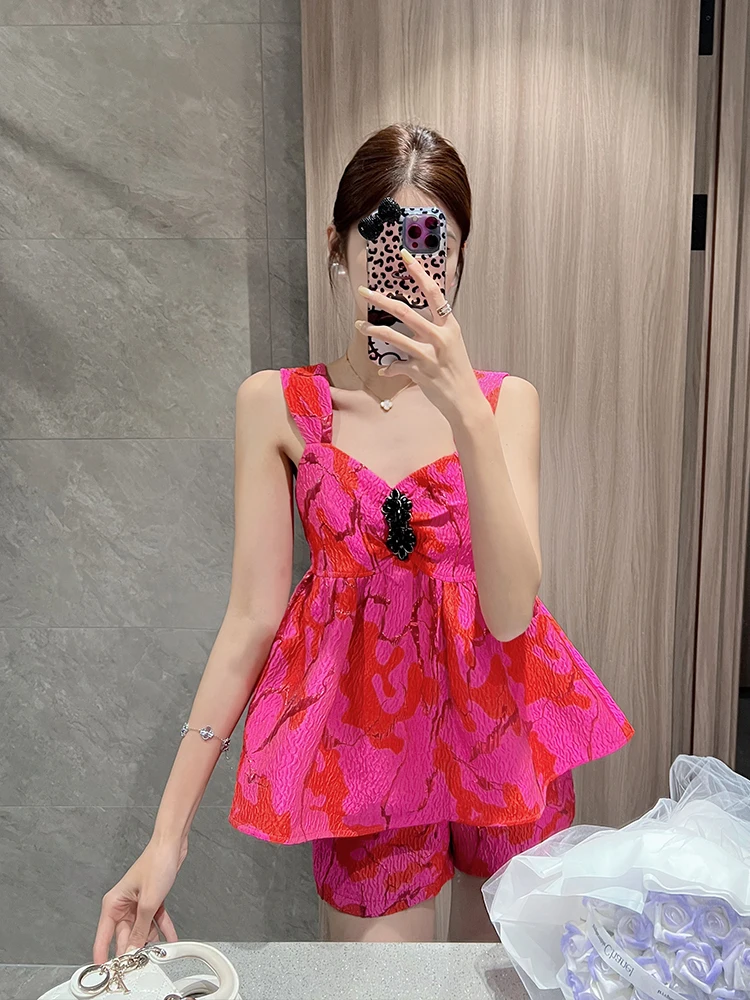 

Летний женский модный комплект: шорты с высокой талией и топ на бретелях из сетки, комплект из двух предметов, V-образный вырез, полиэстер, повседневная одежда