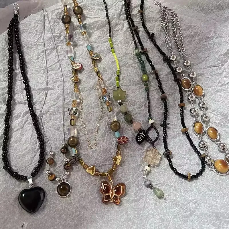 Boho Natural Tiger Eye Stone Beaded Necklace Set Multi Color Glass Butterfly Heart Leaf Star Charms Mixed Chain Necklaces for Wo