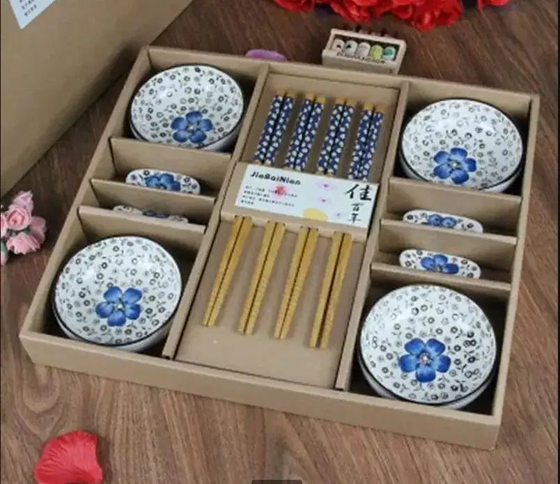 

Japanese Small Bowl Set Household Ceramic Rice Bowls Dinnerware Chopsticks Dipping Dish For 4 People Kitchen Tableware Gift