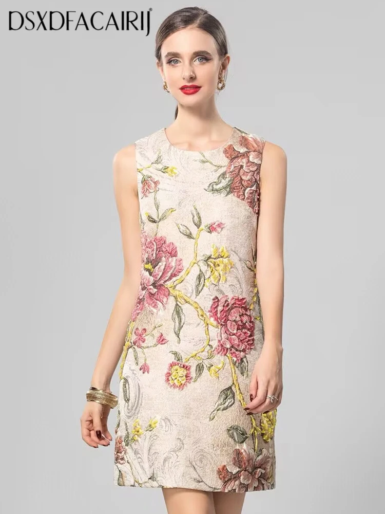 

DSXDFACAIRIJ Women O-Neck Sleeveless Beading Jacquard Elegant Party Mini Dresses Fashion Summer Female