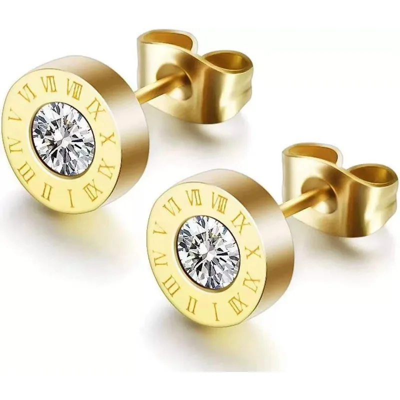 2Pcs 316 Stainless Steel Round Shine AAA CZ Diameter Roman Numeral Stud Earrings For Women, High Quality Piercing Jewelry Gift