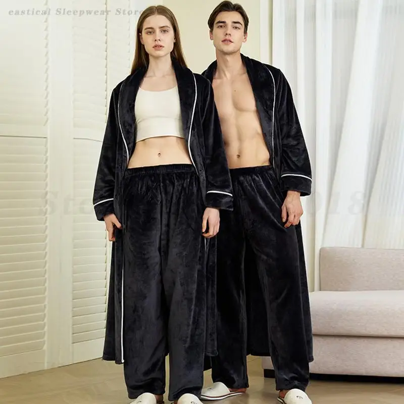 

Oversize Couple Flannel Pajamas Set Men Women Long Bath Robe Kimono Sleep Bottoms Suit Coral Fleece Thicken Sleepwear Loungewear