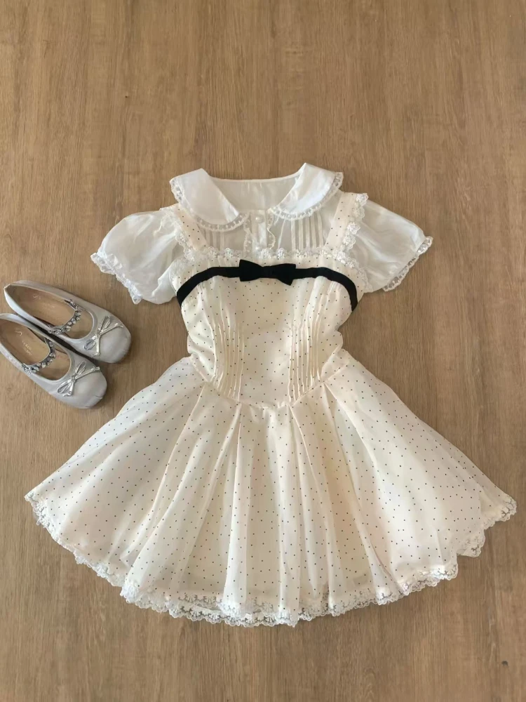 

Summer Sweet Elegant Slim Polka Dot 2-piece Set Women Design Chic Puff Sleeve Lapel Top Female + Bow Sling New Thin Dresses 2025