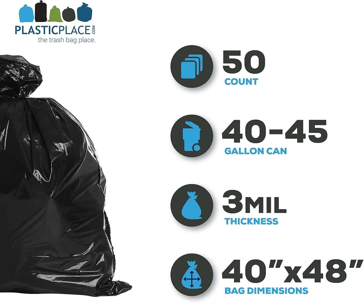 Contractor Trash Bags 40-45 Gallon │ 3.0 Mil │ Black Heavy Duty Garbage Bag │ 40” x 48” (50 Count)