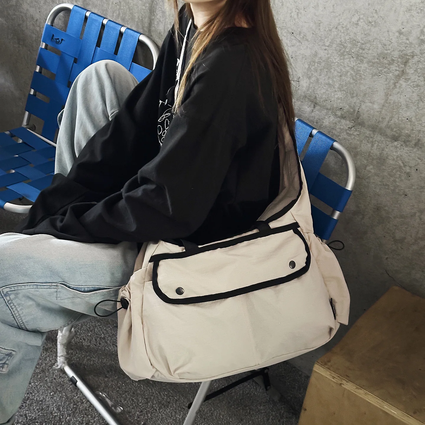 Women Nylon Crossbody Bag Female Contrast Trim Shoulder Handbag Ladies Large Flap Pocket Purse Casual Daily Travel Pack