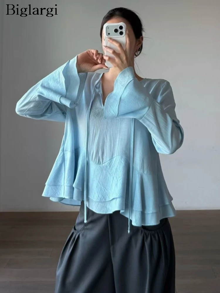 

Spring Summer Elegant Ruffled Blouse Shirt Women V-neck Irregular Fashion Ladies Blouses Casual Loose Woman Tierred Tops 2026
