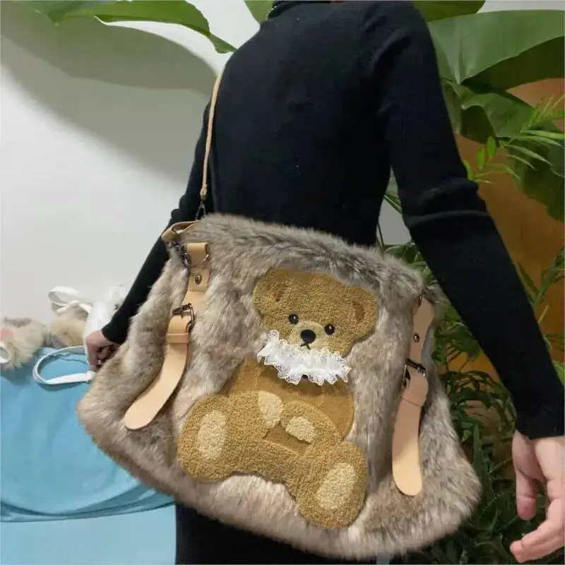 Bloom Vintage Bear Plush Y2k Handbag Women Hot Girl Sweet Casual Brown Shoulder Crossbody Bag Female Large Capacity Cute Purse