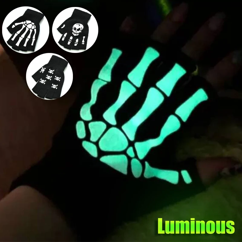 Punk Halloween Skeleton Skull Half Finger Adult Kids Luminous Gloves Winter Skull Fingerless Mitten for Event Party Cycling Gift