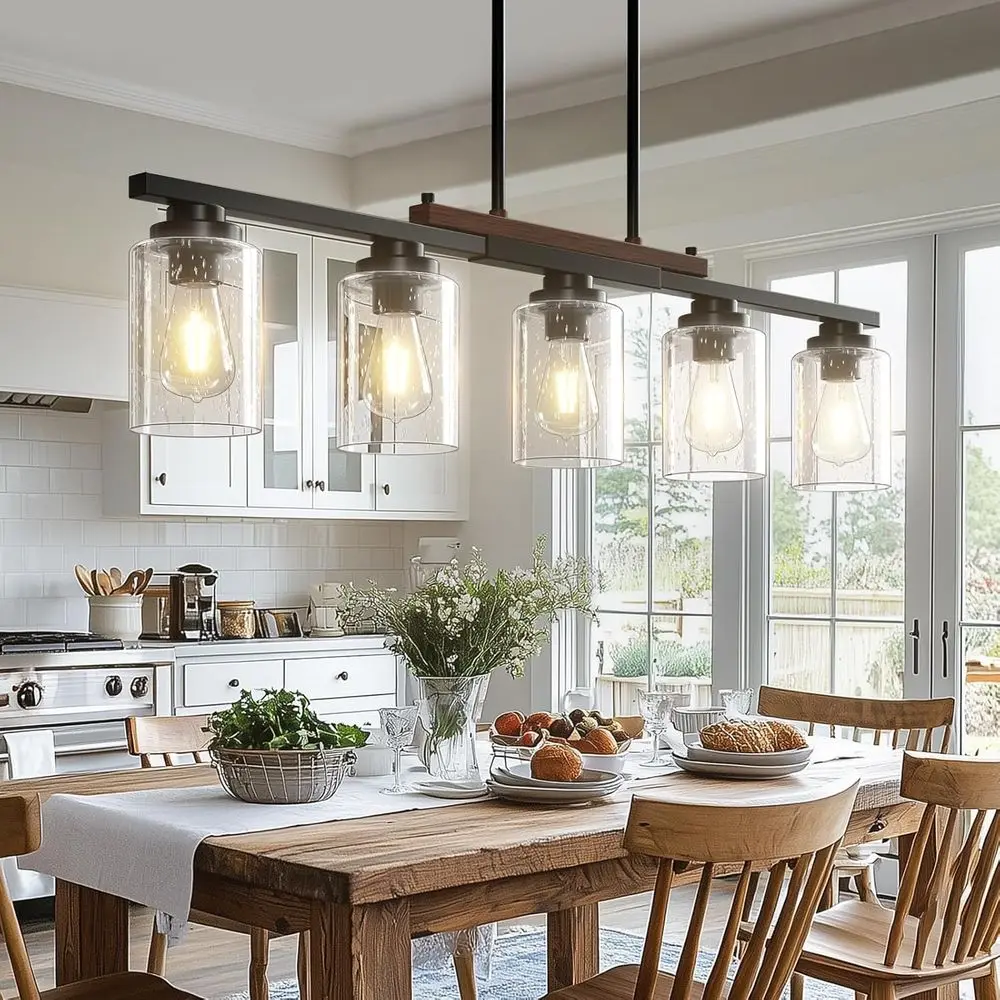 

5-Light Adjustable Rod Kitchen Island Light, Black Metal & Wood Chandelier with Seeded Glass Shade