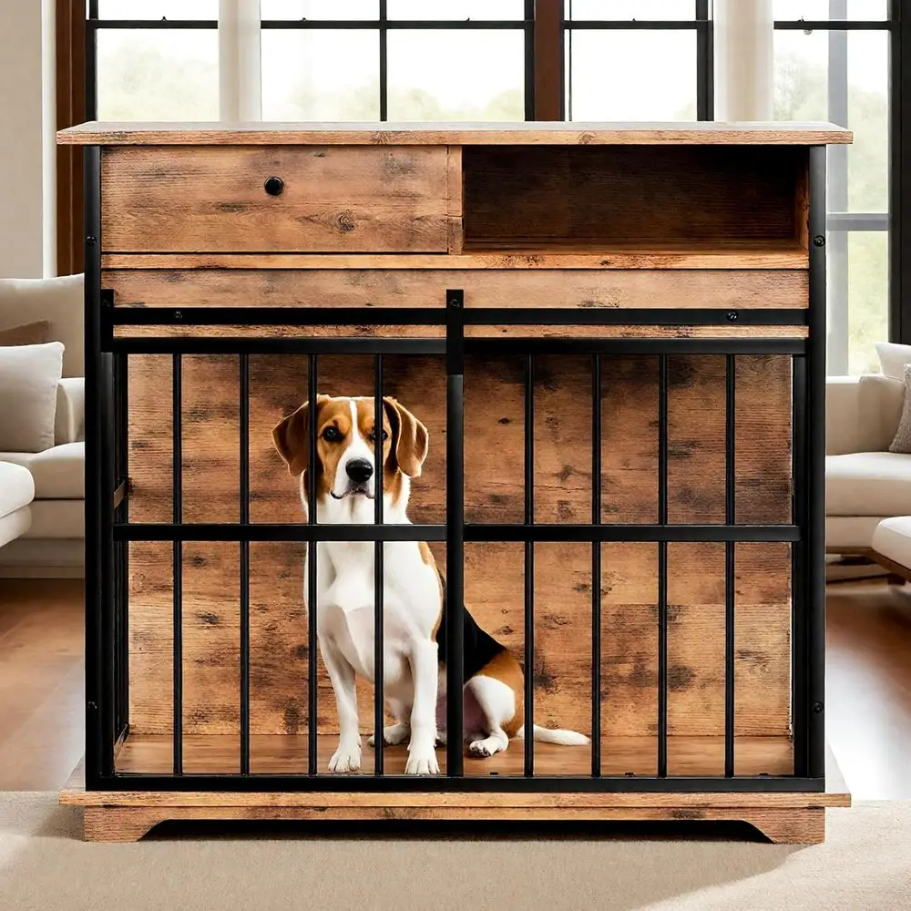 

Large Indoor Wooden Dog Kennel with Tray for Medium to Large Dogs, Walnut Black