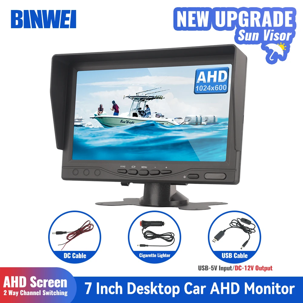 BINWEI 7 Inch AHD Car Monitor Screen with Sun Visor Digital 2 Way Video Input Rearview Image 12-24V TFT LCD Parking System