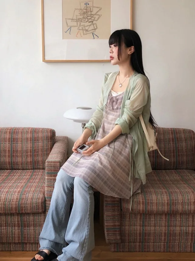 Fre Plaid Women's Summer 2025 New Small Size Inner Ele Sa Chiffon ter Dr Trendy Korean Sle High Waist Midi Skirt