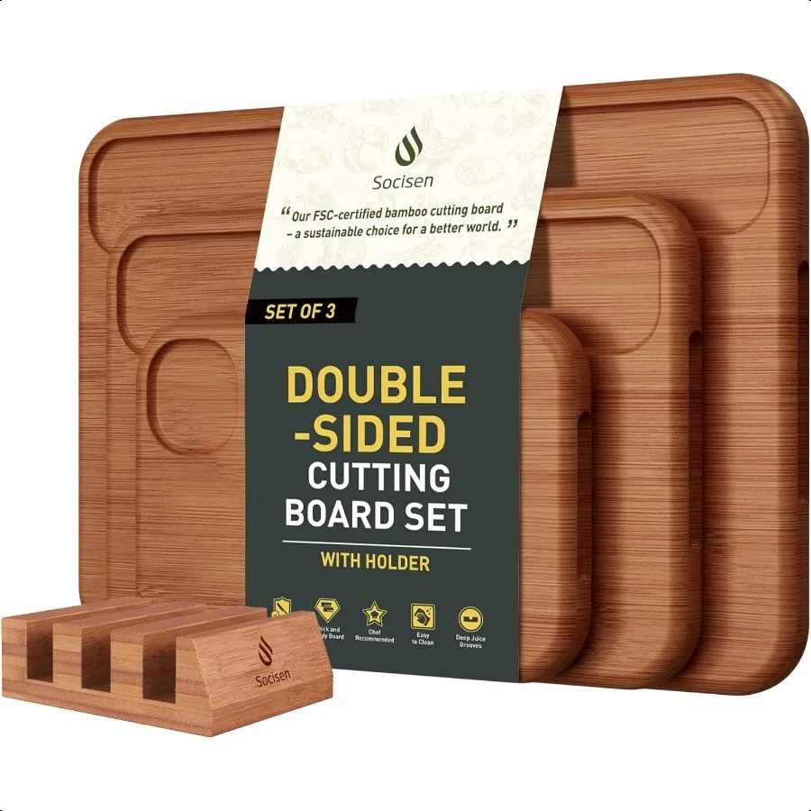 

3 Packs Bamboo Cutting Board Set with Holder Nice Solid Thick Wood Deep Juice Groove Builtin Handles Chopping Board Large Big S