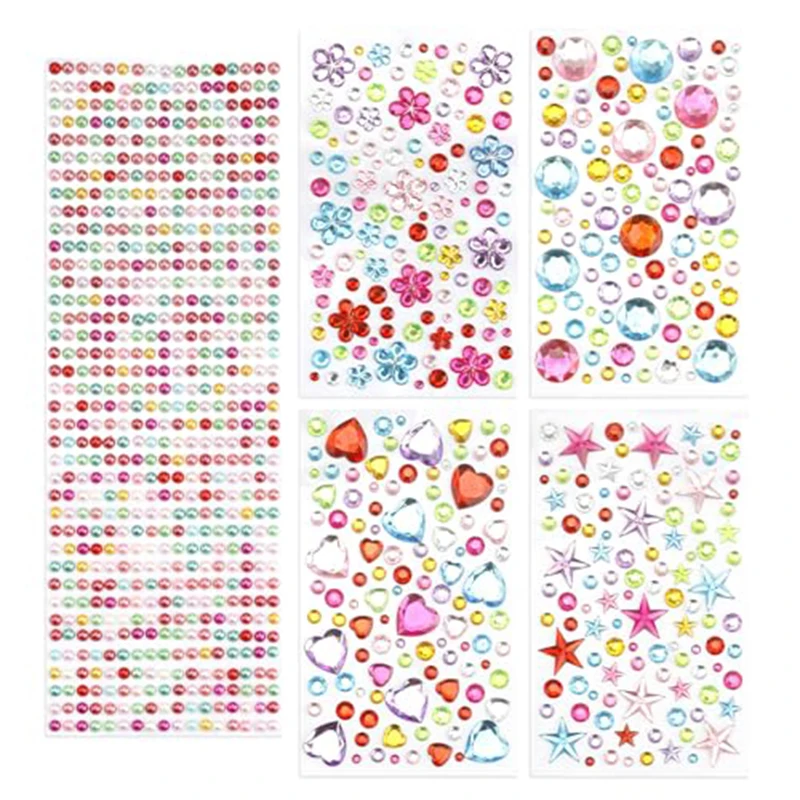 5 Sheets Gem Rhinestones for Crafts Self Adhesive Jewel Sticker Bling Stick on Gems DIY Face Makeup Reward Stickers For Teachers