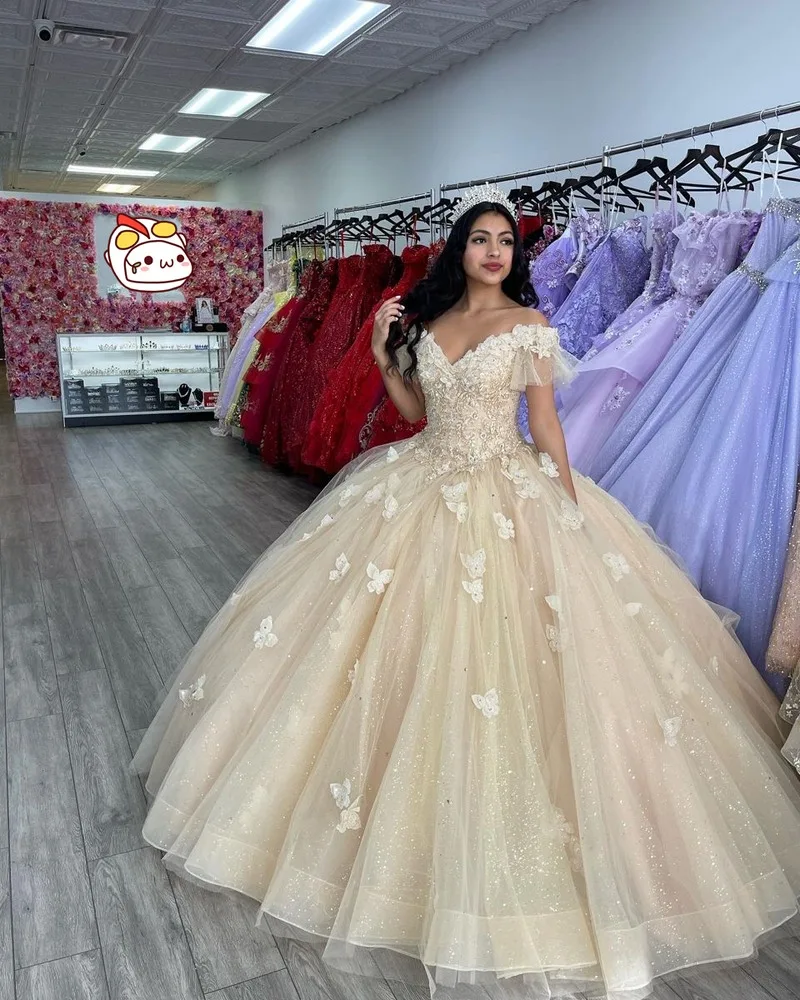 Ball Gown Quinceanera Dress Off Shoulder Vestidos De 15 Quinceañera Champagne Corset Back Tulle Lace Appliques Prom Party Dress