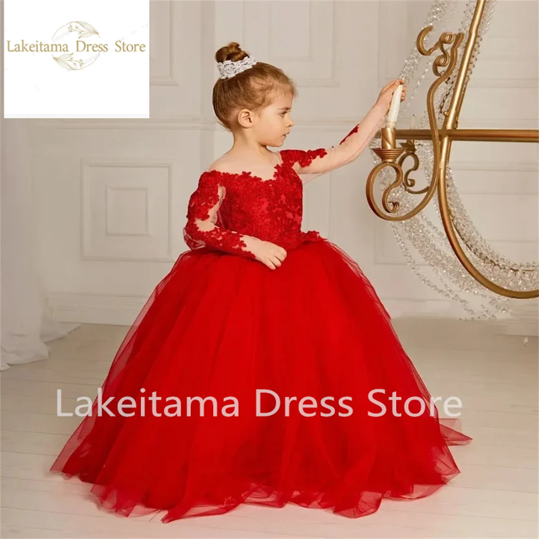 New Red Fluffy maniche lunghe Flower Girls Dresses Beautiful damigella d'onore Birthday Gown Lace Bow Prom Party Dresses