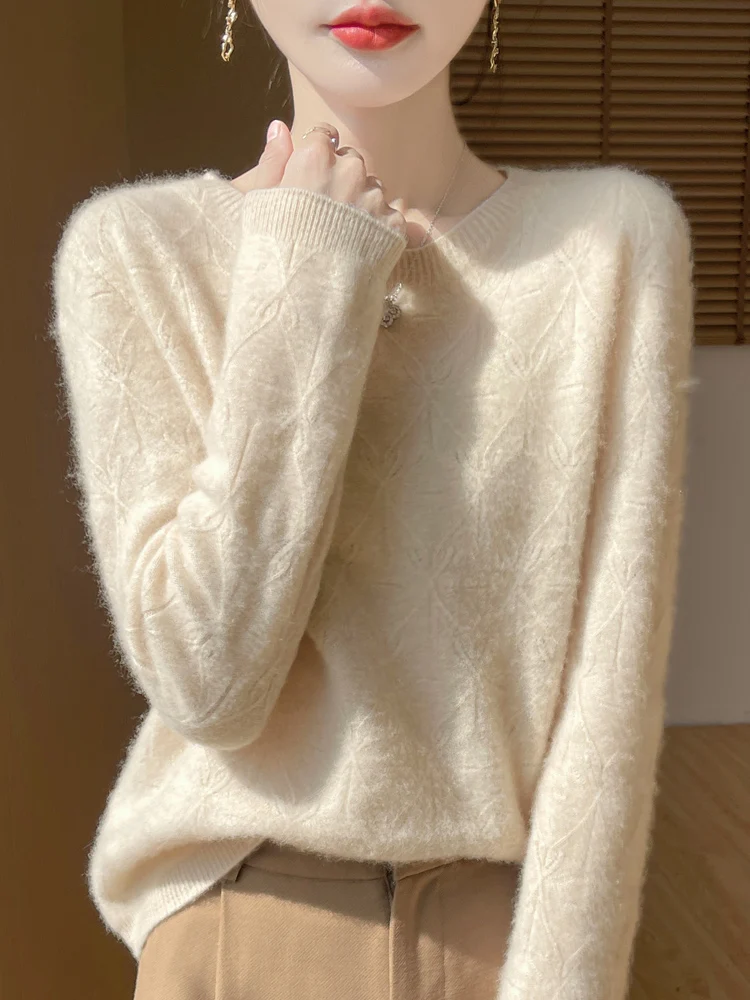 Women's 100% Merino Wool Sweater Pullover Hollow Out O-neck Cashmere Autumn Winter Long Sleeve Solid Grace Seamless Clothing Top