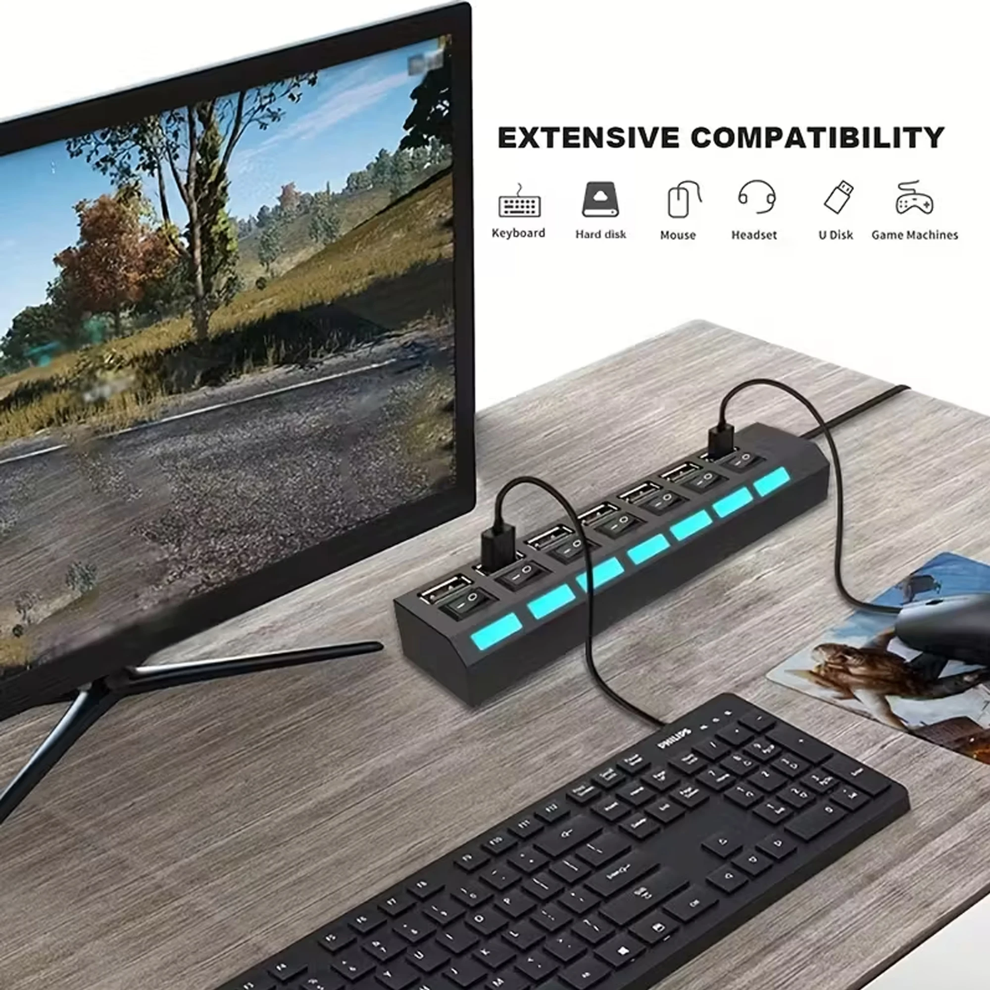 USB 2.0 Hub 7-Port, USB Expander/Distributor with Independent LED On/Off (Black) - Multi-Port Extension for PC, MacBook, Laptop,