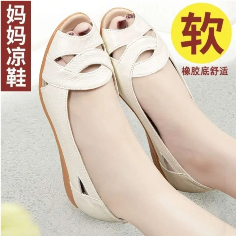 Summer Ladies Fashion Sandals Middle-Aged Soft Leather Fish Head Sandals Large Size Slope Comfortable Woman Shoes 35- 43