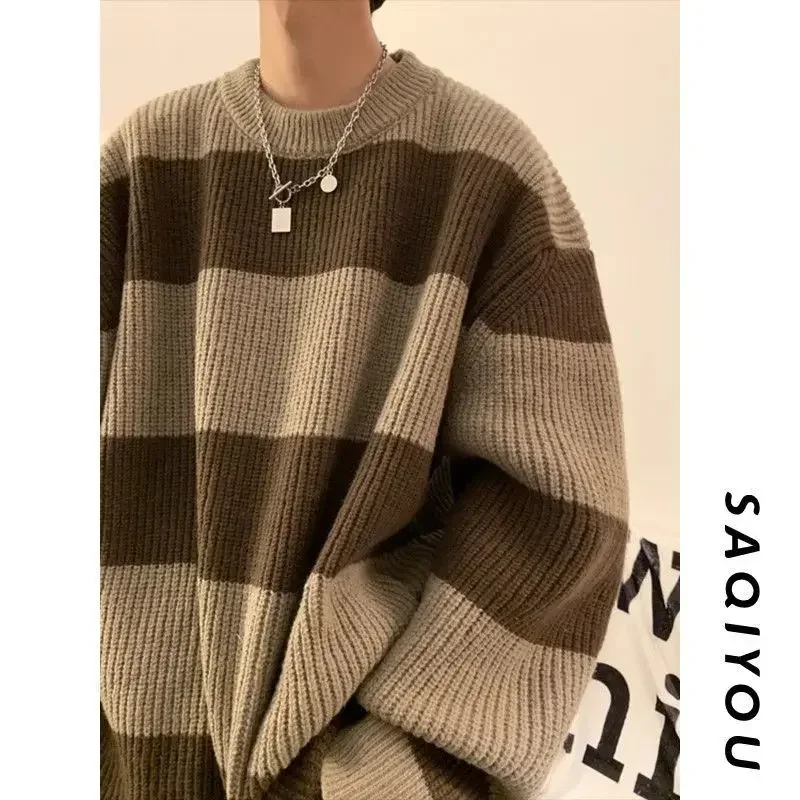 Koreaanse Stijl Patchwork Gestreepte Trui Voor Mannen In De Herfst En Winter Luie Losse Gebreide Trui Retro Trendy Trui Met Ronde Hals