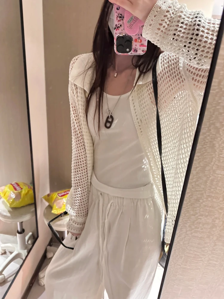 

Summer New Hollow out Collar Thin Knitted Cardigan Women's Top Sun Protection Clothes Long Sve V-ne Regular Fit Outerwear