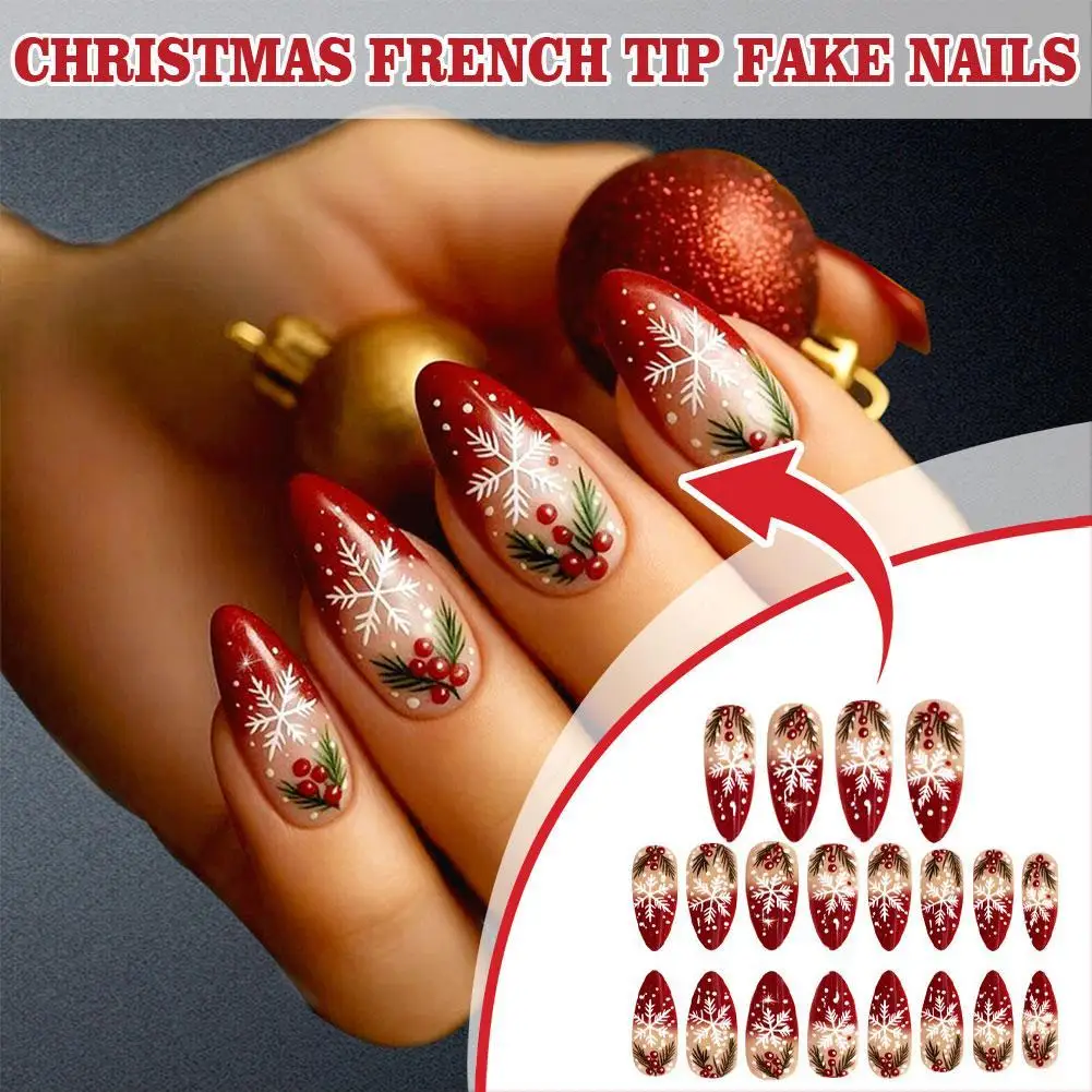 Uñas postizas con punta francesa navideña, almendra, Navidad, punto rojo francés, copo de nieve, baya en relieve, uñas postizas extraíbles, uñas con purpurina