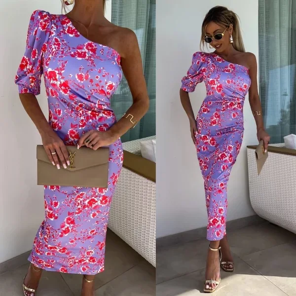 Women's Long Skirt Summer Single Rotator Sleeve Fashion Flower Print Hip Elastic Slit Straight Tube Simple Elegant Party Dress